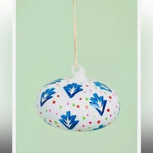 Anthropologie Ornament JOYFUL Glass White Blue 4" Holiday Christmas Tree NWT